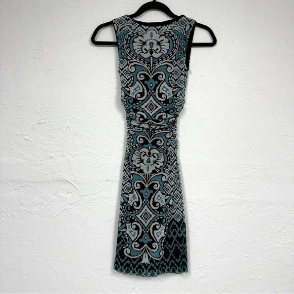 Kay Unger Printed Ruched Mini Bodycon Dress XS Teal Black & White Y2K Baddie - Picture 1 of 13